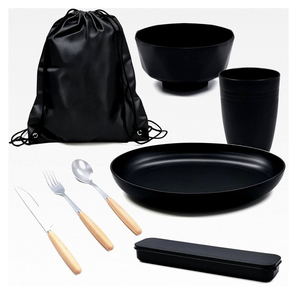 8-teiliges Campinggeschirr, tragbares Campinggeschirr-Set mit Messer, Gabel, Löffel, Tassen, Tellern und Schüsseln - Für Picknick, Party, Reisen