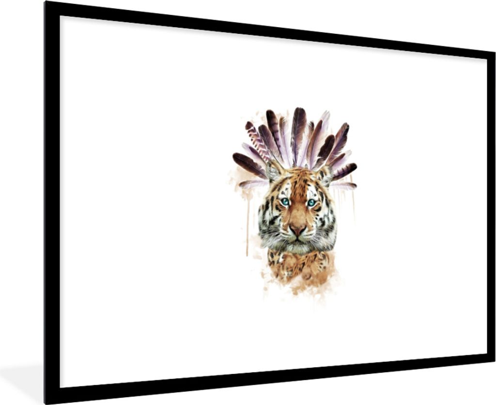 MuchoWow MuchoWow Gerahmtes Poster Tiger - Kopf - Federn 90x60 cm - Poster mit zchwarzem Bilderrahmen - Wanddekoration - Fotos