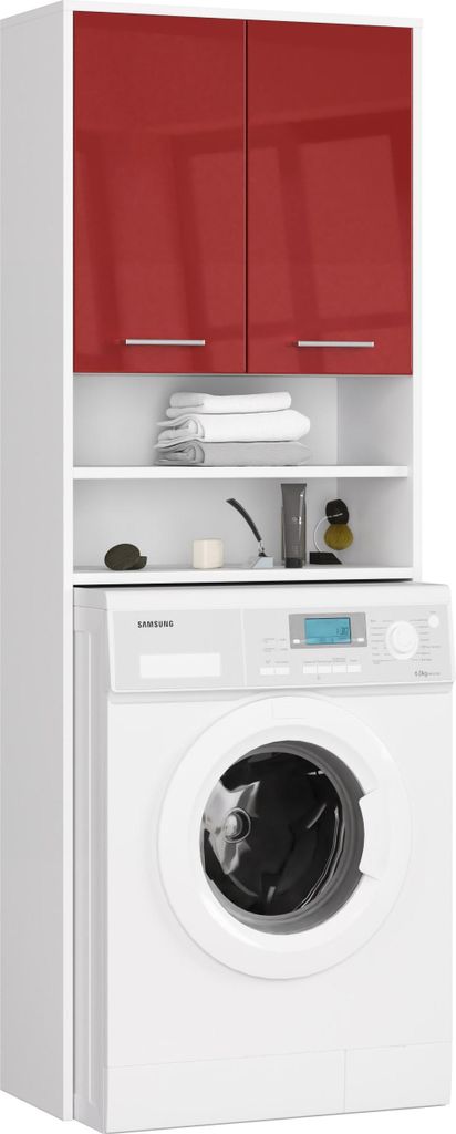 Badschrank – Badezimmerschrank – Badmöbel Schrank – FIN – 64 cm – Weiß / Rot Hochglanz – Waschmaschinenüberbau mit Türen und offene...