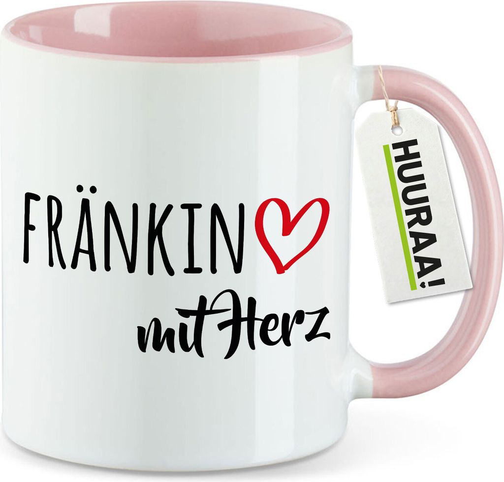 Huuraa Kaffeetasse Fränkin mit Herz 330ml Rosa Keramik Kaffeebecher Geschenkidee