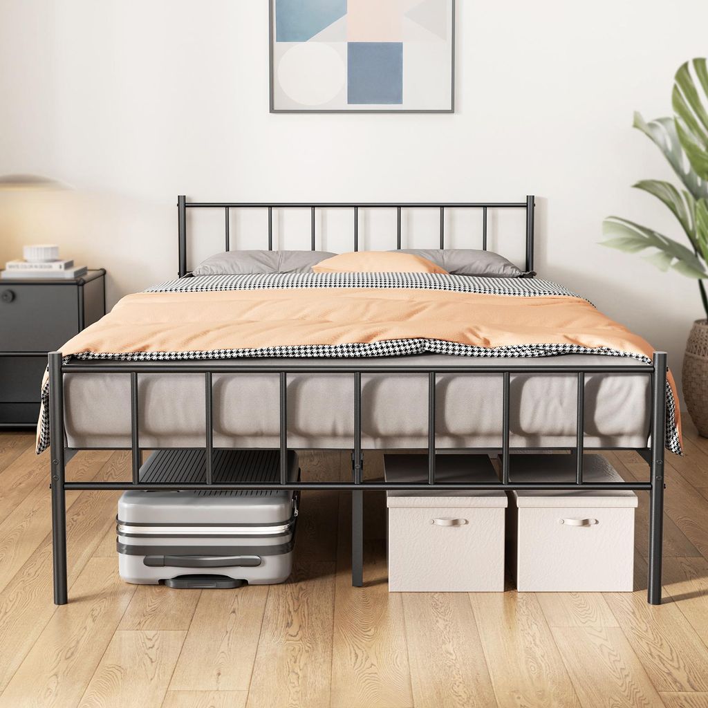 KUTAS Bett 140 x 190 cm, Bettgestell Metall mit Kopfteil, Bettrahmen 36 cm Höhe mit 32 cm Stauraum, 14 Metalllatten, Geräuschlos, Schwarz