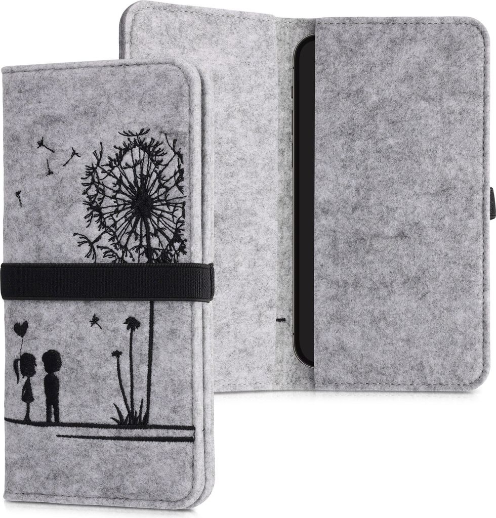 kwmobile Filz Tasche für Smartphones - mit Gummiband - Handy Filztasche Schutztasche Pusteblume Love Schwarz Hellgrau - 17,2 x 8 cm Innenmaße