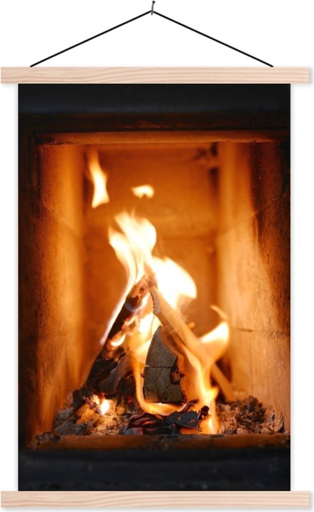 MuchoWow Textilposter Verbrennung von Holz in einem Kamin 60x90 cm mit holzfarbenen Rahmen - Textil