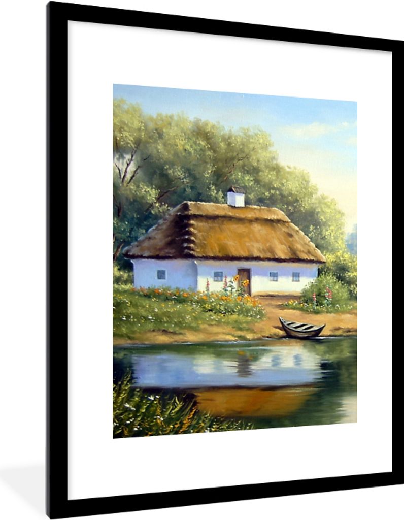 MuchoWow Gerahmtes Poster Malerei - Haus - Natur - Wasser - Ölfarbe 60x80 cm - Poster mit Schwarzem Bilderrahmen Wandposter Rahmen Foto Bilder -...