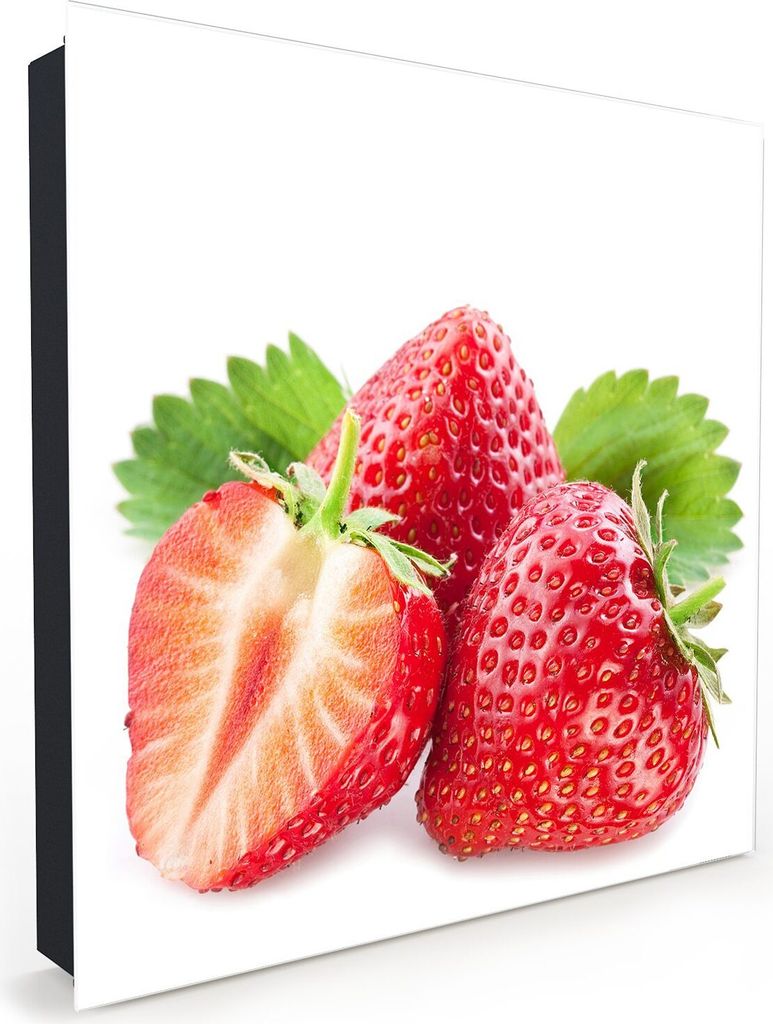 Nachbildung-Schlüsselkasten, Magnetpinnwand und Memoboard mit Glasfront Motiv Erdbeeren mit Blättern