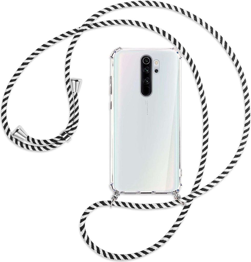 Handykette Backcover-Schutzhülle mit Band (Metall silberfarben) für Xiaomi Redmi Note 8 Pro - schwarz/weiß gestreift