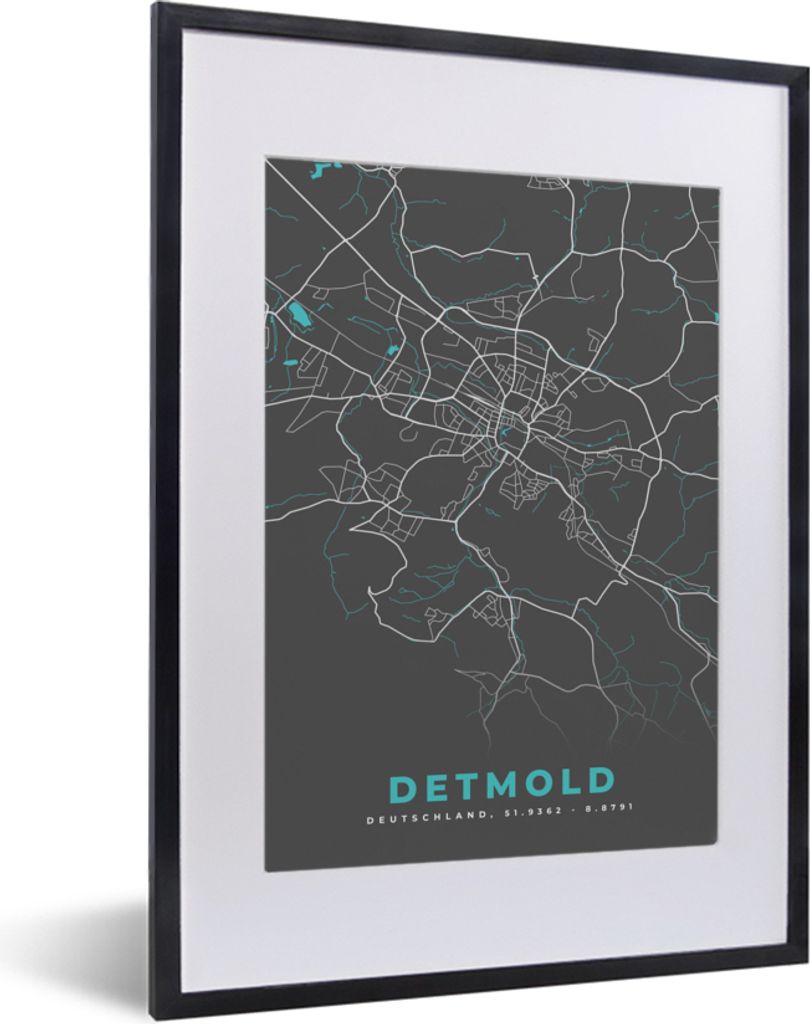 MuchoWow Gerahmtes Poster Karte - Detmold - Blau - Stadtplan - Deutschland 30x40 cm - Poster mit Schwarzem Bilderrahmen Wandposter Rahmen Foto Bi...