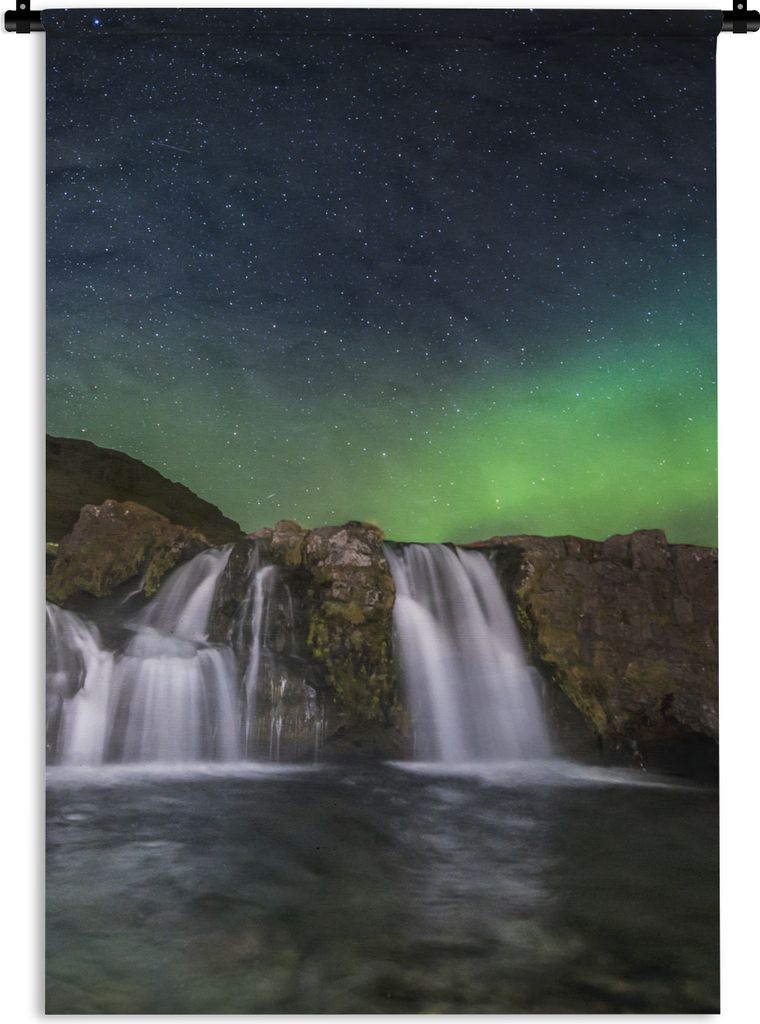 MuchoWow Wandteppich Wandbehang Nordlicht - Wasserfall - Island - Natur 60x90 cm Tapisserie Dekoration Wandtuch - Foto-Teppich - Abwaschbar