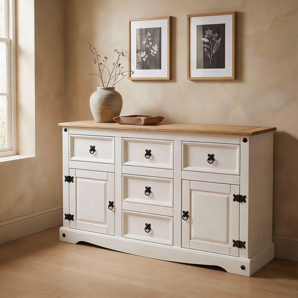 Sideboard CAMPO, Kommode Kiefer massiv, weiß lasiert, 5 Produktbild 