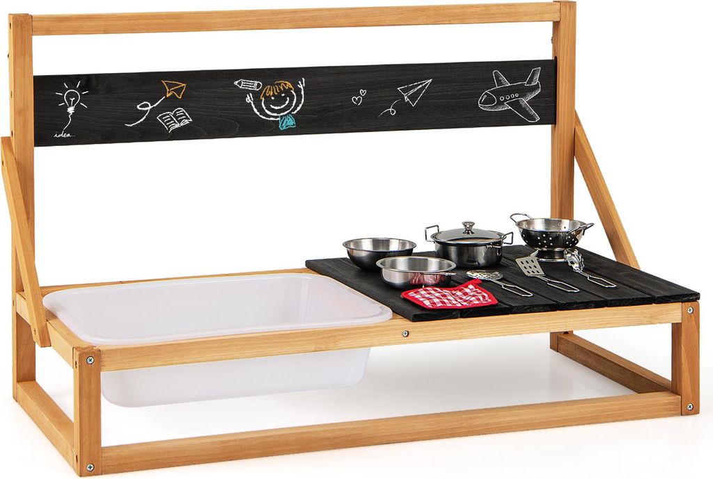 DREAMADE Matschküche für Kinder aus Holz, Kinderküchen-Spielset mit Spülbecken, 4 Pfannen, 3 Utensilien, Lappen & Kreidetafel, Outdoor-Küchens...