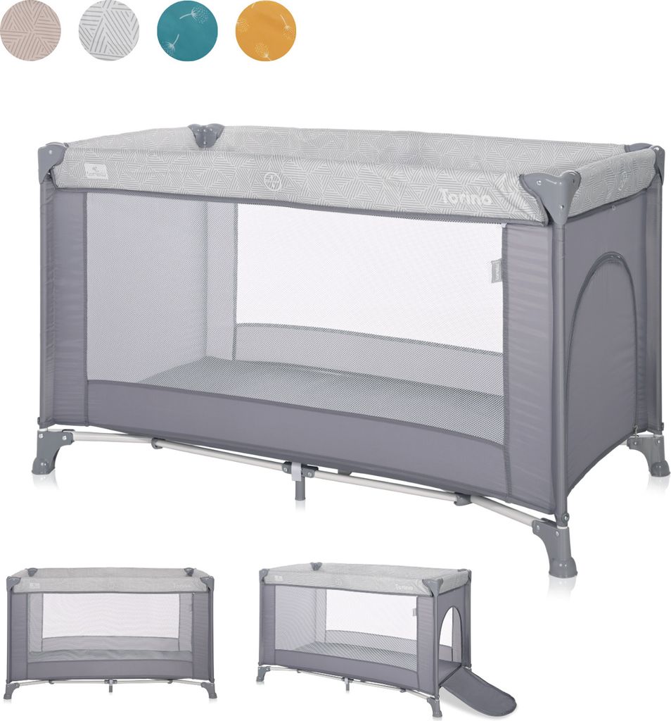 Lorelli Baby Reisebett, 2in1 Babybett und Laufstall Torino mit Seiteneingang, Kinderbett ab Geburt bis 15 kg, faltbar inkl. Transporttasche, grau