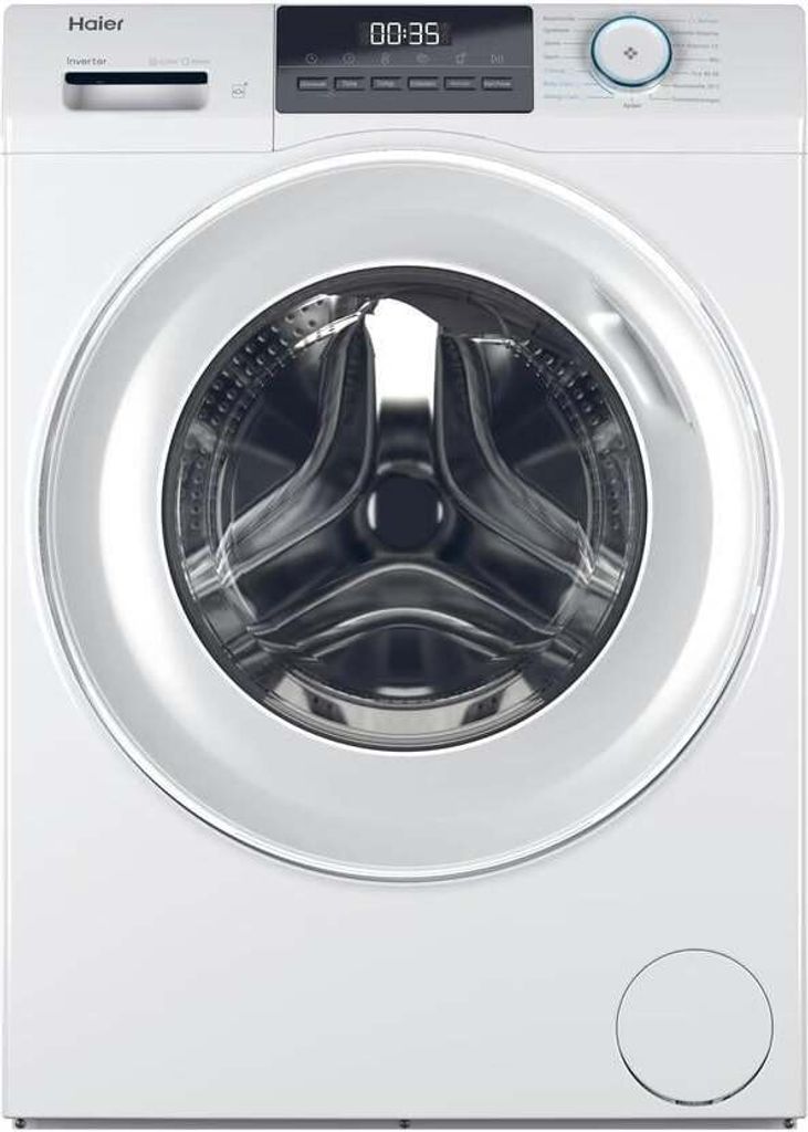 A front view of a white Haier washing machine.