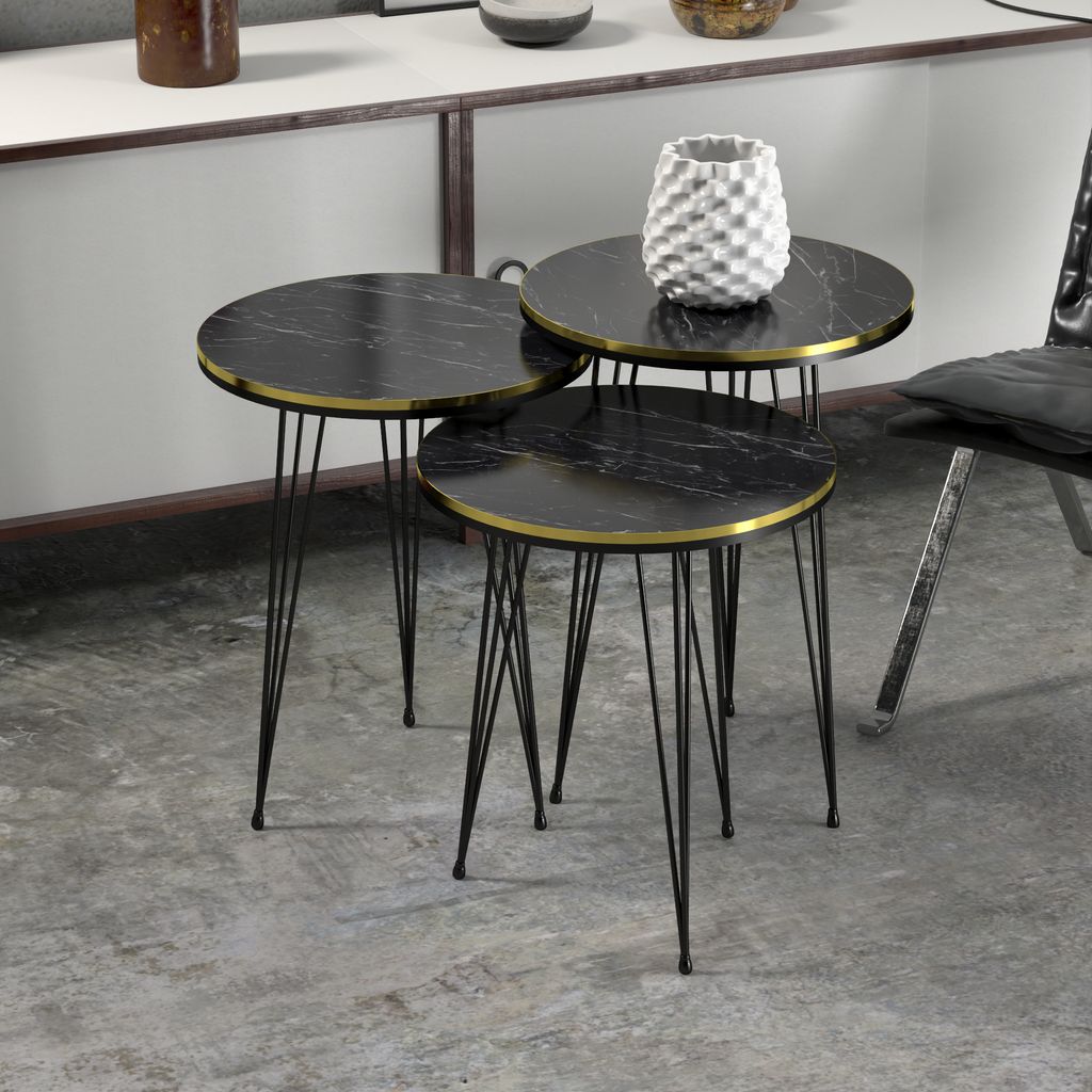 Satztisch ’Ry’ im 3er Set Marmor, schwarz / Gold / Schwarz