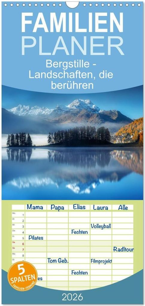 Familienplaner 2026 - Bergstille - Landschaften, die berühren mit 5 Spalten (Wandkalender, 21 x 45 cm) CALVENDO