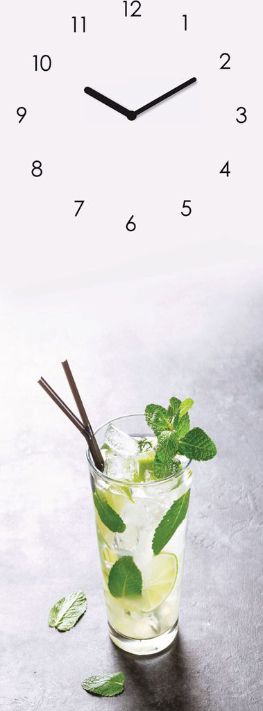 Wanduhr Glas 20x60cm Cocktail Limette Glasuhr Uhr Glasbild Küche Bar Deko