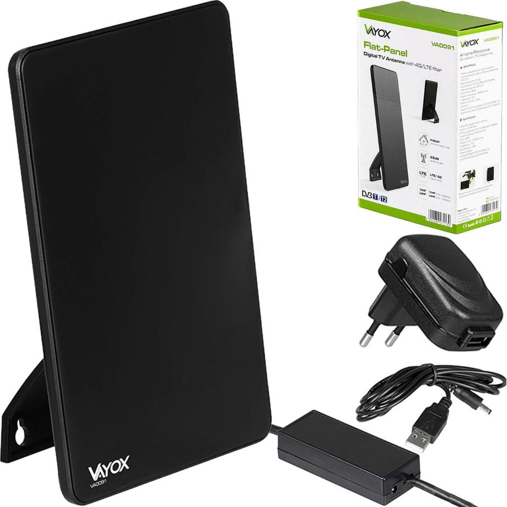 A flat-panel digital TV antenna with its accessories and packaging.