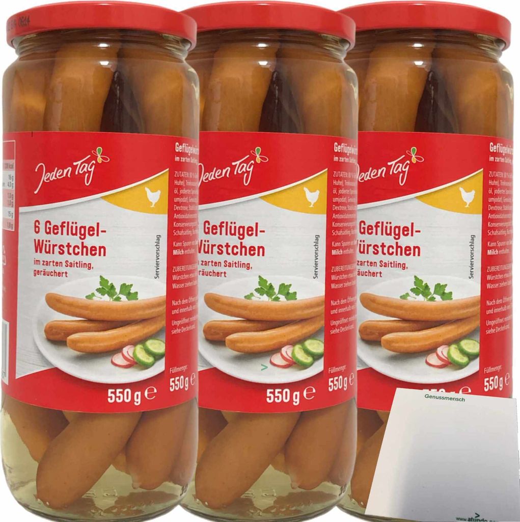 Jeden Tag Geflügel-Würstchen im Saitling schmackhaft geräuchert 3er Pack (3x250g Glas) (18 Stück) + usy Block