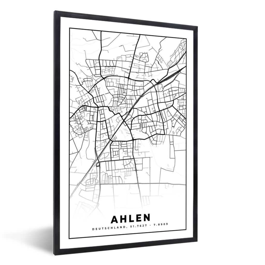 MuchoWow Gerahmtes Poster Karte - Ahlen - Stadtplan 20x30 cm - Poster mit Schwarzem Bilderrahmen Wandposter Rahmen Foto Bilder - Drucken - Bilder...