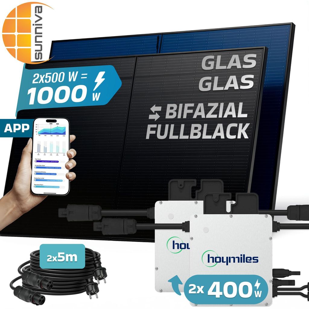 SUNNIVA 1000W Balkonkraftwerk BIFAZIAL FULLBLACK komplett Steckdose HOYMILES 2x 400 Watt Wechselrichter, Komplettset 2x500W PV Solaranlage Solarm...
