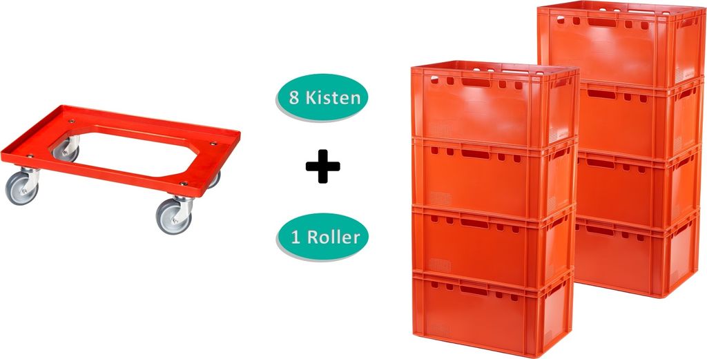 8 Stück E3-Kasten rot + 1 Transportroller mit vier Lenkrollen in rot