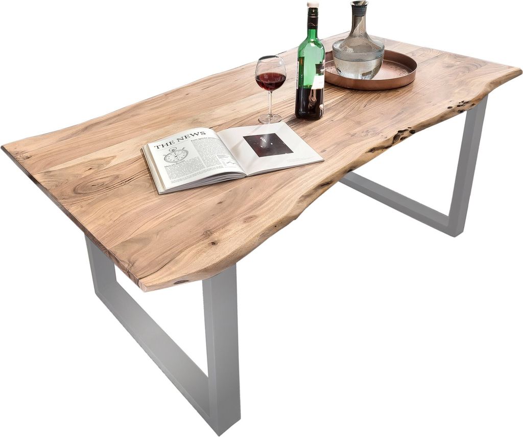 Esszimmer-Tisch Mephisto 180 x 90 cm aus Akazie-Holz, Esstisch mit Silber lackierten Beinen aus Roheisen, naturbelassene Optik mit Einer Baum-Kante...