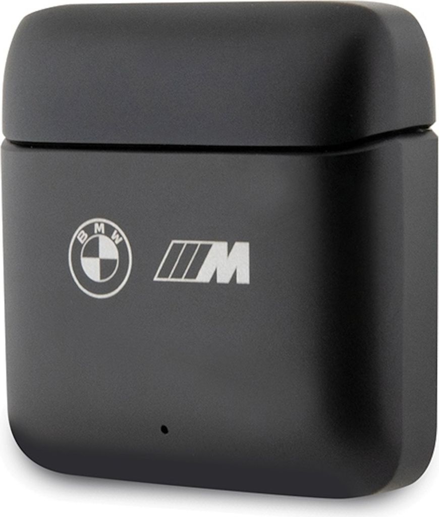 A black charging case for wireless earbuds with BMW and M logos.
