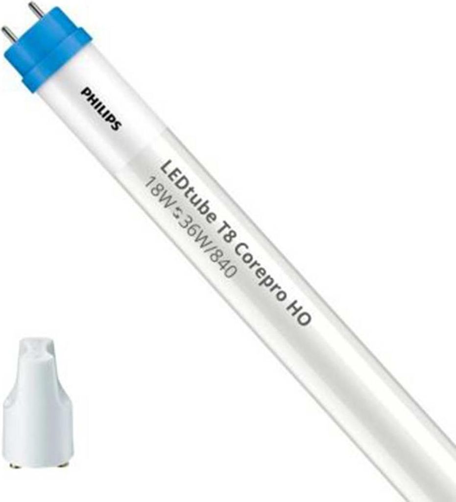 A Philips LED T8 tube light on a white background, with a small white adapter accessory in the lower left corner.