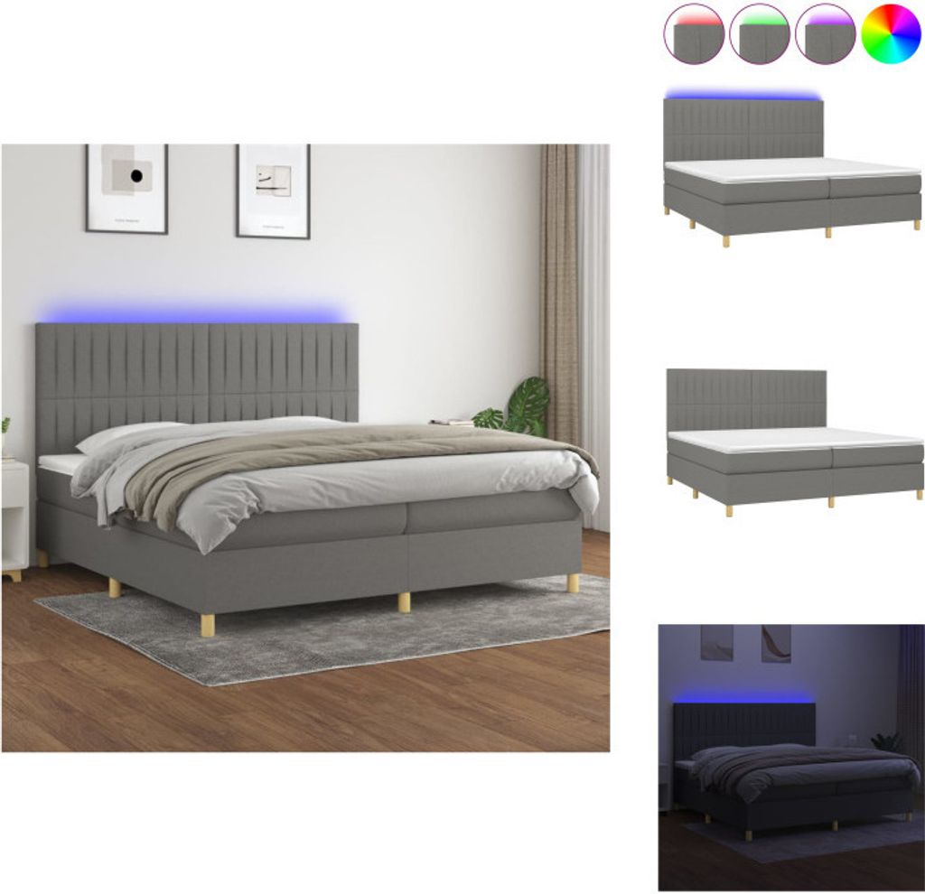 vidaXL Boxspringbett mit Matratze & LED Dunkelgrau 200x200 cm Stoff - Betten & Bettgestelle