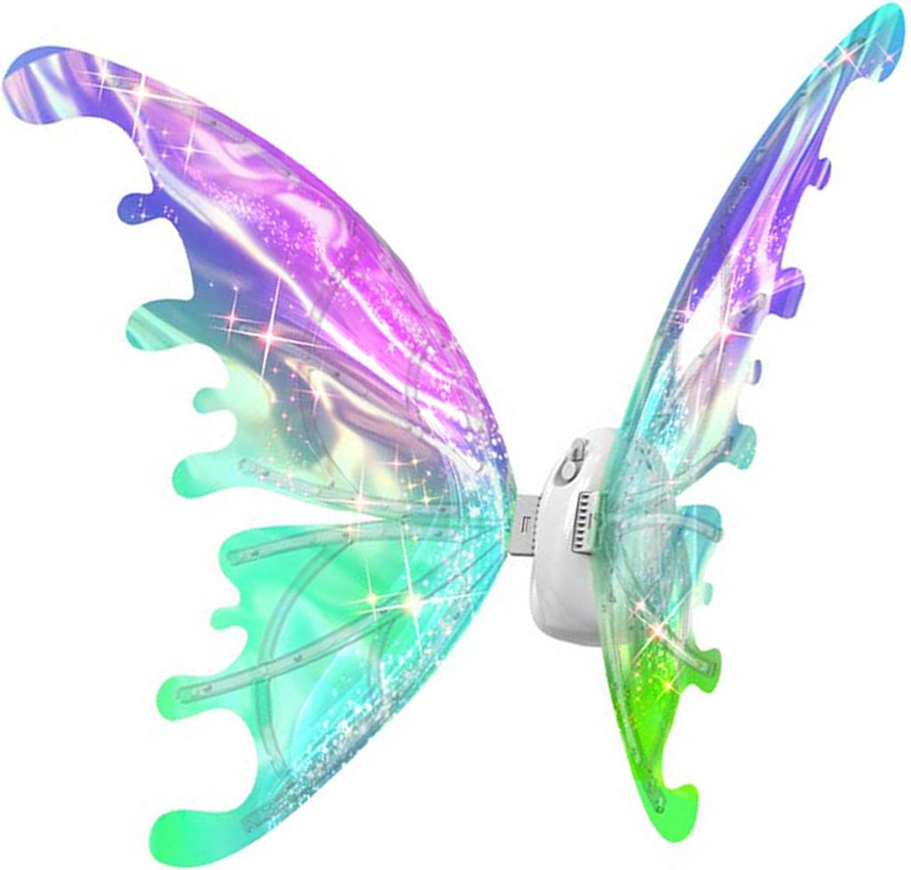 A pair of iridescent butterfly wings with a white clasp in the center.