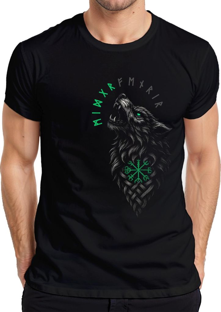 Wikinger Wolf Runen Vegvisir Nordisch Keltische Knoten Fenrir Herren T-Shirt, Schwarz, XXL