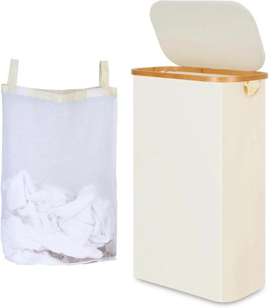 Corbeille à linge design en bambou 60 litres beige pour salle de bain