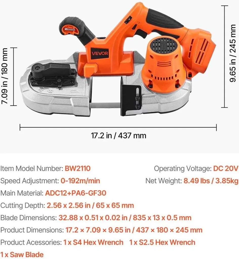 Scie à ruban portative pour métal et PVC 20V, vitesse variable précise