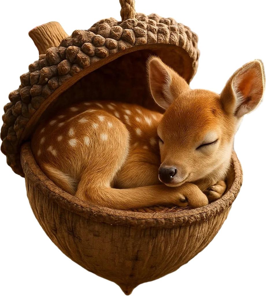 A baby deer sleeping inside an acorn.