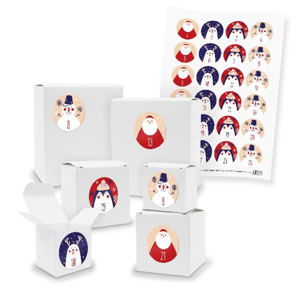 Adventskalender zum Füllen 24x Quader Würfel gemischt WEISS + Sticker (V01 Z43)