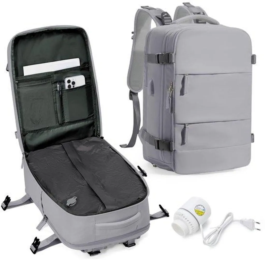 Sac à dos sous vide gris spécial avion avec pompe compacte incluse
