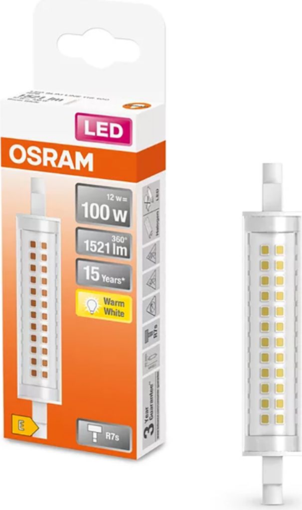 A product shot of an LED lamp and its packaging.
