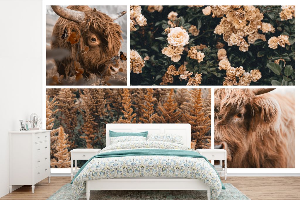 MuchoWow Fototapete für Wohnzimmer oder Schlafzimmer Wandtapete Vinyl Motivtapete Scottish Highlander - Blumen - Pflanzen - Braun - 420x280 cm -...
