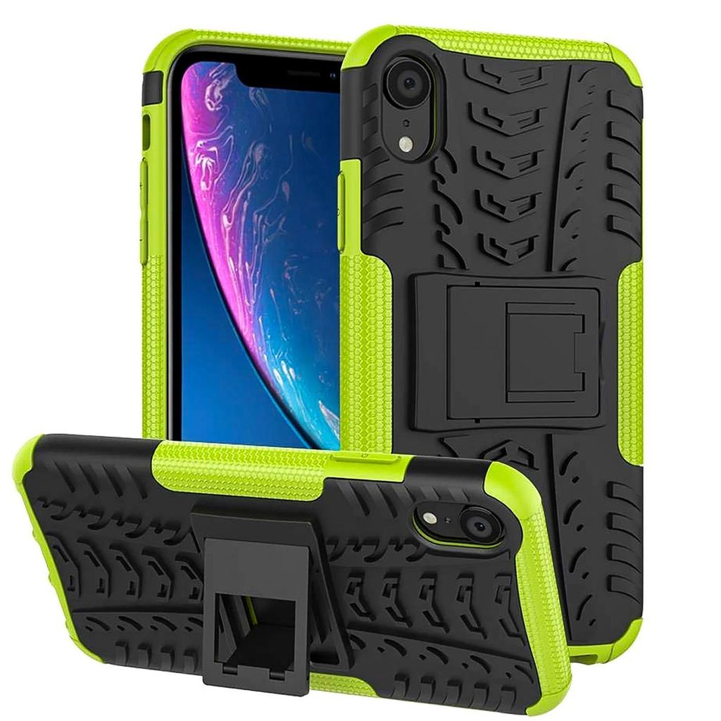 Conie Outdoor Schutzhülle für iPhone XR Hybrid Silikon Hard Case Cover Hülle mit Ständer in Grün
