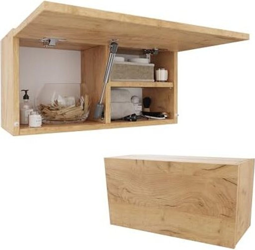 A wooden cabinet with its door open, showing internal shelves and items. Below it, a separate wooden box.