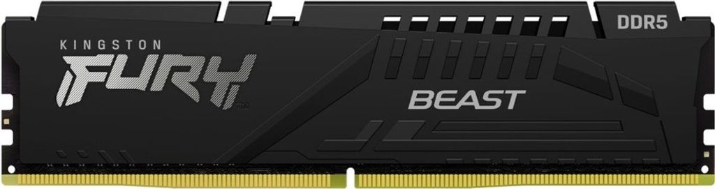 A close-up, studio shot of a Kingston FURY Beast DDR5 RAM module against a black background.