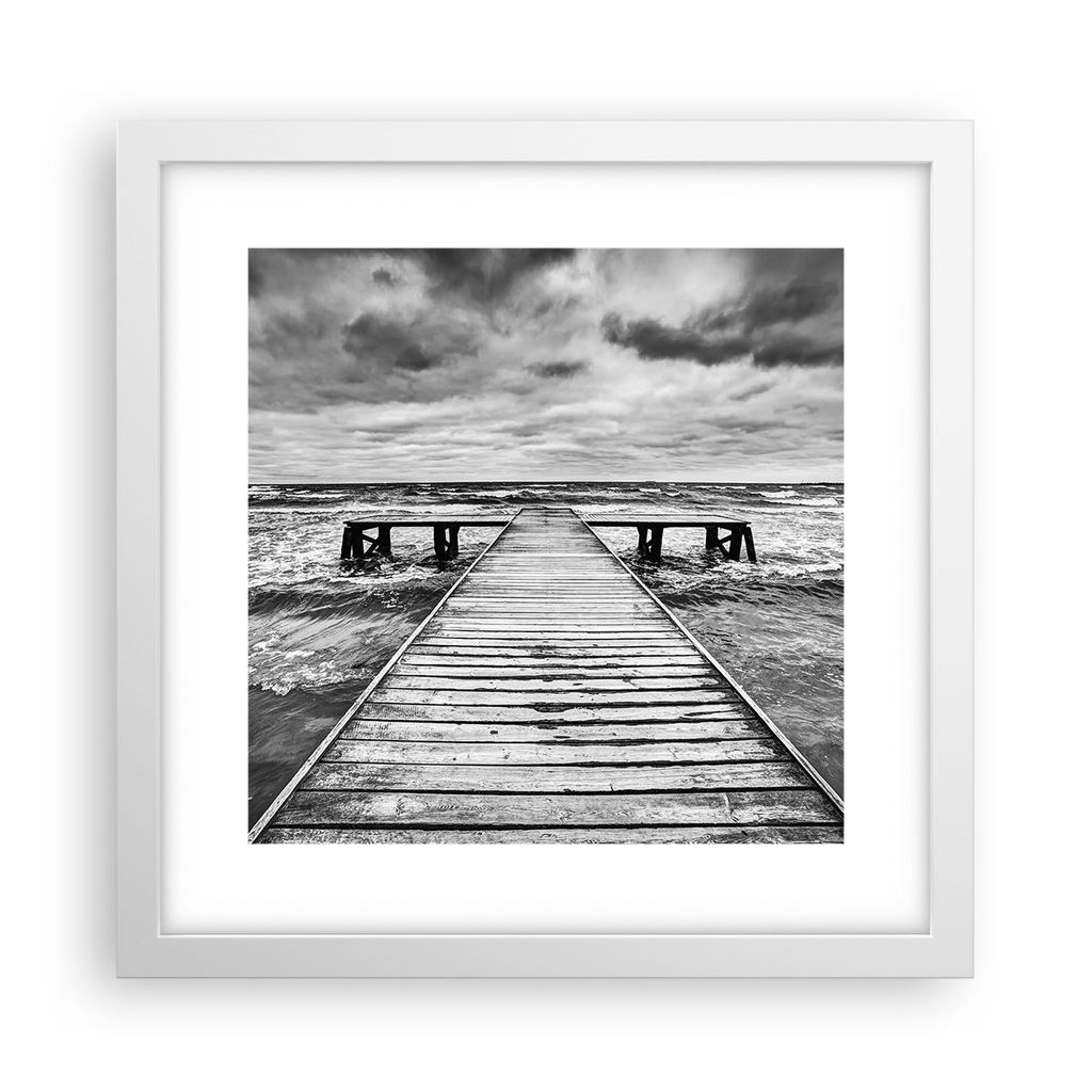 Gerahmtes Poster - Weißer Rahmen - Brücke Meer Welle - 30x30 cm - Wand Bild - Wanddeko - Wandbilder - Kunstposter - Wandposter - Bilderrahmen - B...