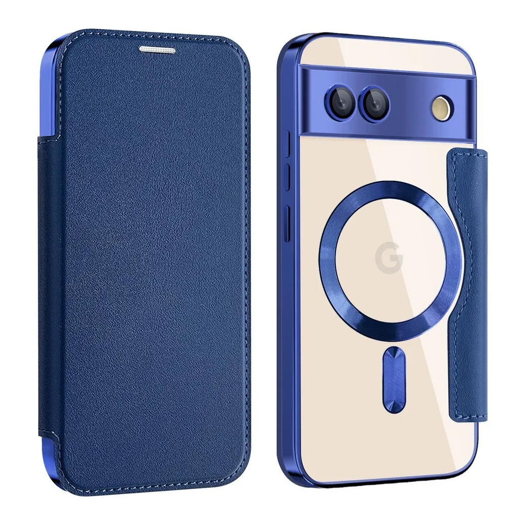 Custodia in Pelle per Google Pixel 8A Flip Cover con chiusura magnetica,tasca con cerniera, in pelle PU,con 7 scomparti per carte di credito,con Cinturino da Polso Magnetica Fiore Cover Blu