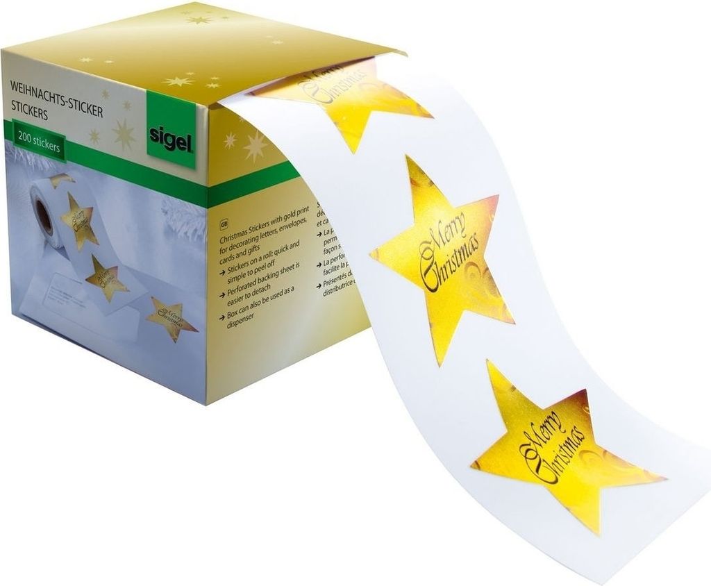 Weihnachts-Sticker Christmas Stars 47x47mm Rolle mit 200 Stück Packung mit 20 Stück