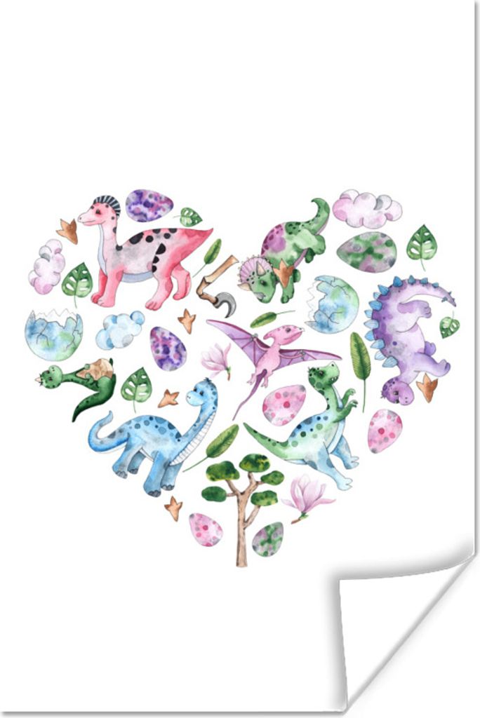 MuchoWow Poster Kinderzimmer - Herz - Dinosaurier - Mädchen - Kinder - Rosa - Kinder 120x180 cm - Kunstposter