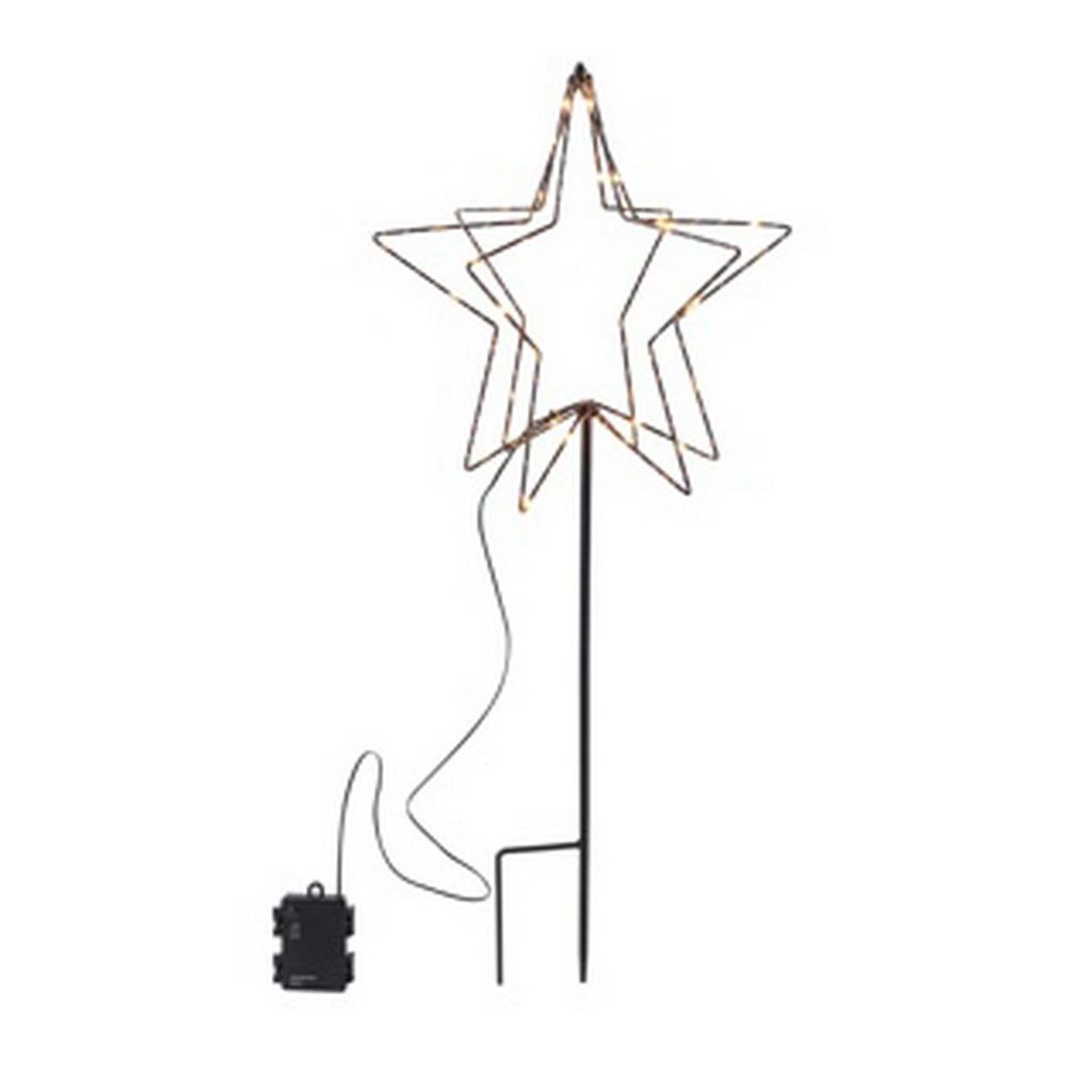 A decorative star-shaped light fixture with multiple layers, illuminated by warm white LEDs, mounted on a black stake with a battery pack at its base.