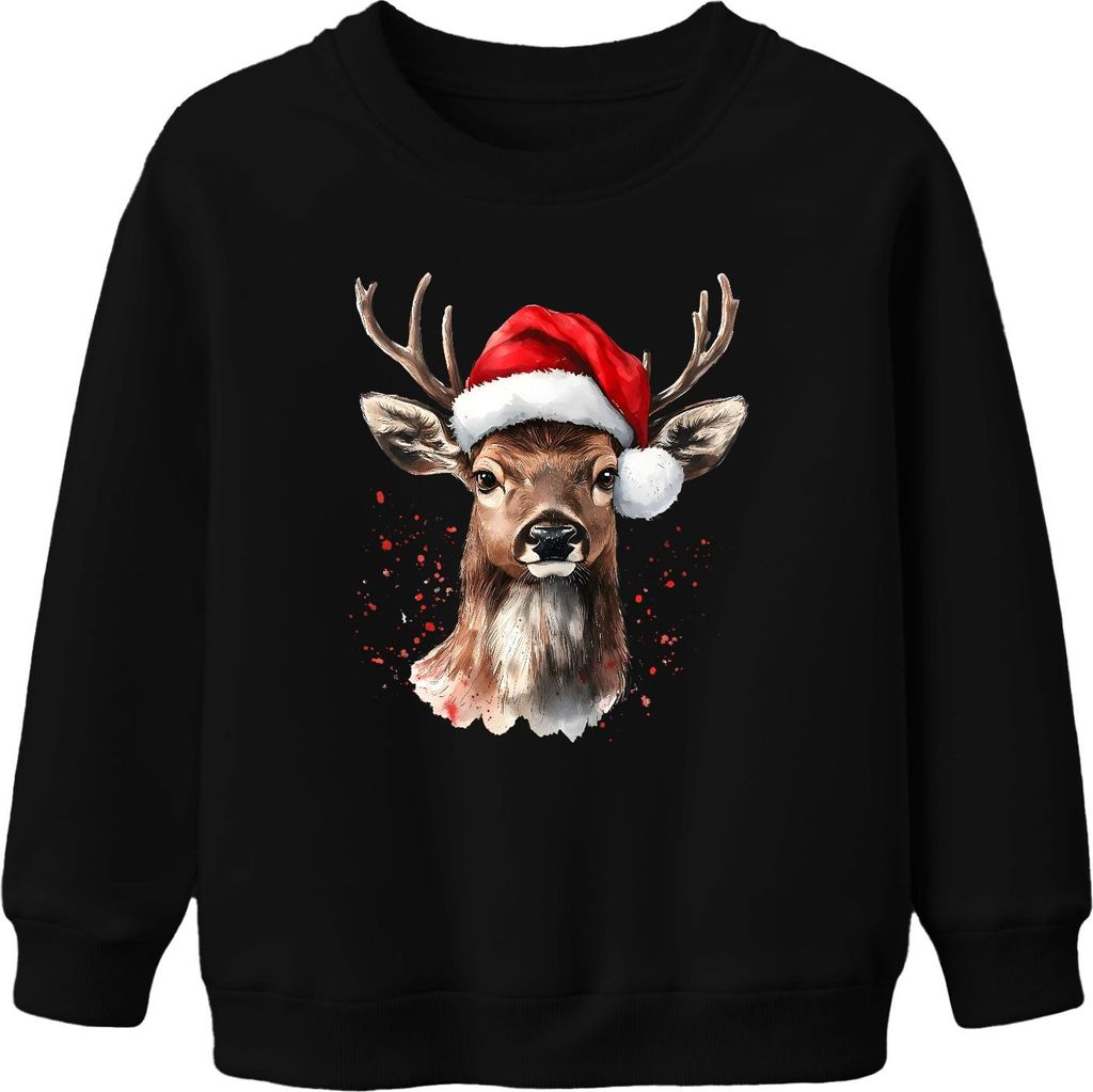 Rentier Santa Hut Weihnachten Aquarell Splatter Geschenk Retro Uni Kinder Sweatshirt Pullover, Schwarz, 104