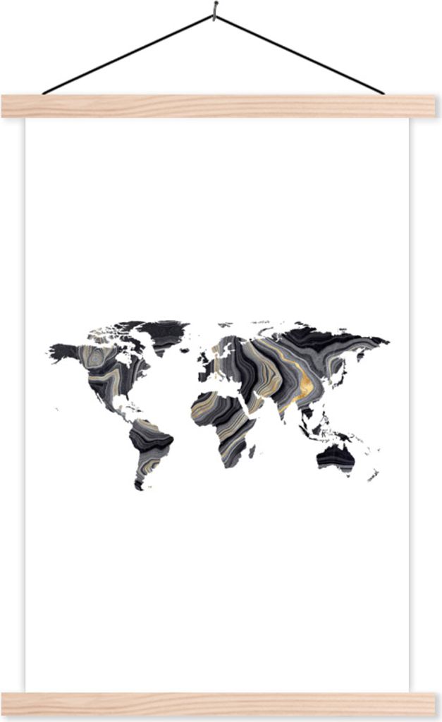 MuchoWow Textilposter Weltkarte - Farbe - Gold 40x60 cm mit holzfarbenen Rahmen - Poster