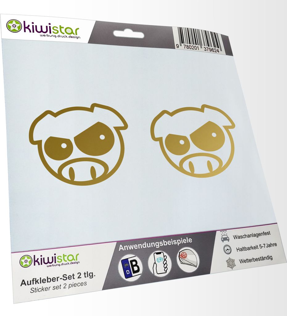 Kiwistar - 2x Kennzeichenaufkleber - gold - 21 mm Wütendes Schwein - Angry Pig - Autoaufkleber - Aufkleber für Auto, Laptop, Fahrrad, LKW, Motorr...