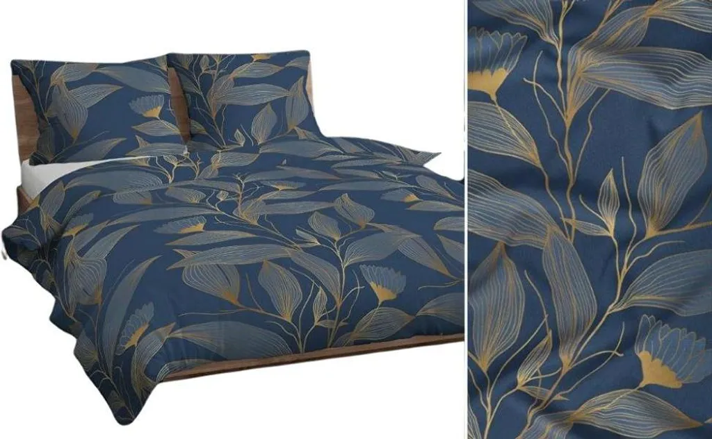 Parure de lit en coton 160x200 bleu et beige à motifs feuilles KARO