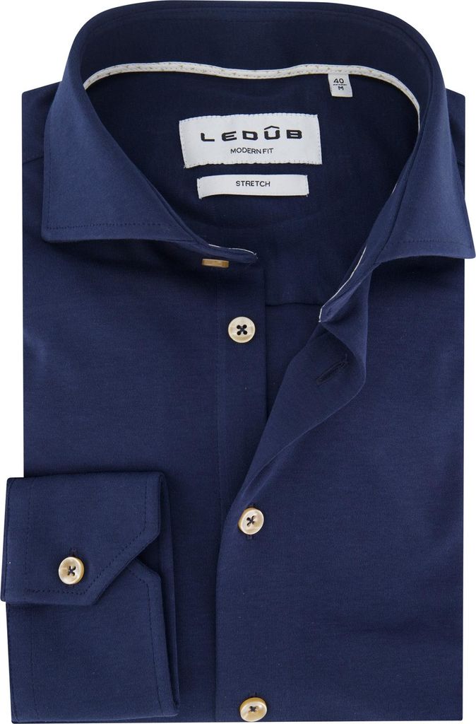 Ledub Hemd dunkelblau einfarbig normale Passform Baumwolle